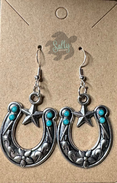 Silver Horseshoe Turquoise Accents - Earrings