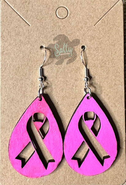 Pink Ribbon - Wooden Earrings