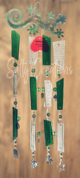 Green Gecko with Green and Clear Glass - Wind Chime