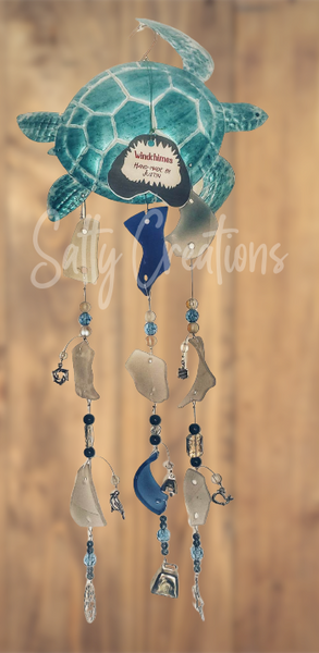 Light Blue Sea Turtle With Blue and White Sea Glass - Wind Chime