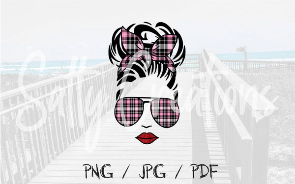 Messy Bun Pink Plaid Girl - Digital Download