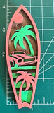 A wooden magnet with a tropical classic car surfboard design, orange, placed on a measuring mat.