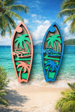 Two decorative surfboard magnets with palm tree designs on a beach background