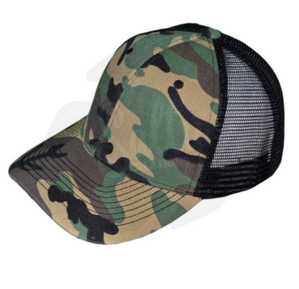 Green Camo on Black Trucker Hat - Cap with Patch