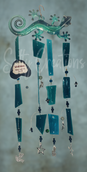 Turquoise Gecko with Multi Blue Glass - Wind Chime