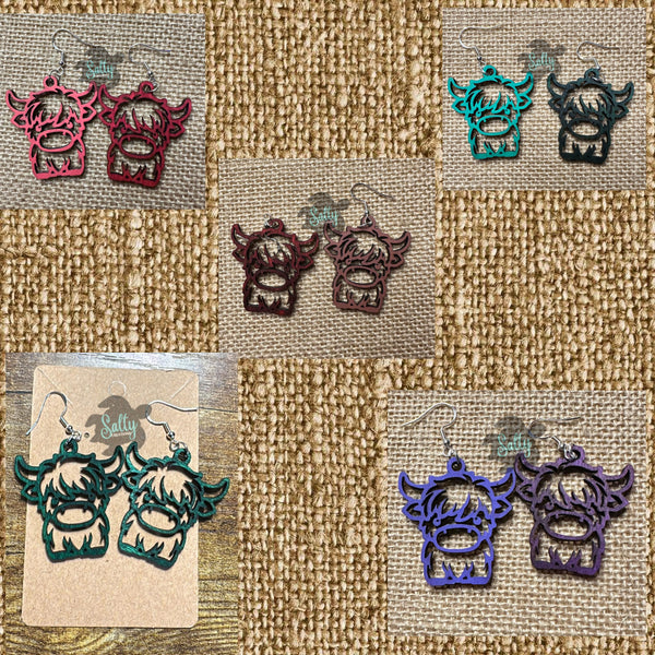 Colorful Reversable Highland Cows - Wooden Earrings