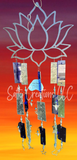 Decorative wind chime with lotus design against a colorful background