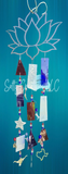 Decorative wind chime with colorful beads and metal shapes against a blue background