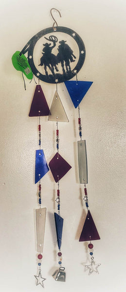 Cowboy Roping with Red White and Blue Glass - Wind Chime