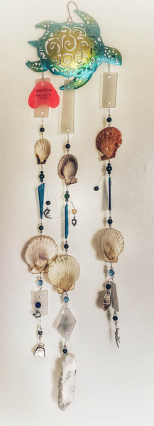 Green and Blue Sea Turtle with Glass and Shells - Wind Chime