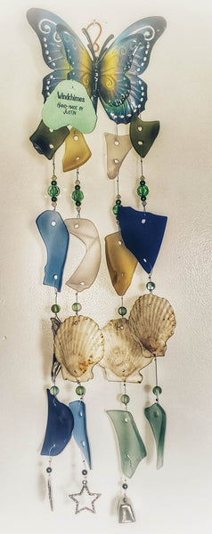 Yellow and Blue Butterfly with Multi Color Sea Glass and Shells - Wind Chime